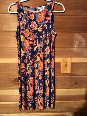 Chaus Navy Floral Midi Dress with Coral & Yellow Blooms